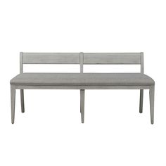 the bench is made from wood and has a gray upholstered cushion on it