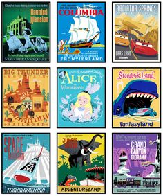 six vintage travel posters from around the world, each with an image of a ship