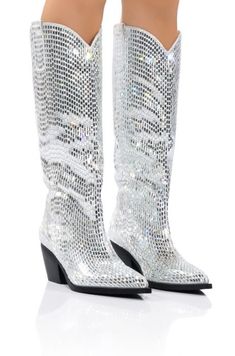 AZALEA WANG DRIVEN RHINESTONE WESTERN BOOT IN SILVER Slouch Boots, Azalea Wang, Slouched Boots, Western Boot, One Half, Chunky Heel, Western Boots, Chunky Heels, Knee High Boots