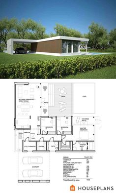 two story house plans with garage and living room in the middle, surrounded by trees