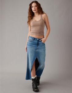 AE Low-Rise Denim Maxi Skirt Casual Denim Skirt Outfit, Midi Jean Skirt, Low Rise Skirt, Denim Skirt Outfits, Denim Maxi, Denim Maxi Skirt, Maxi Skirts, Skorts, Jean Skirt