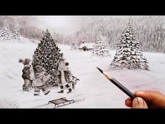 someone is holding a pencil and drawing a christmas tree in the snow with people around it