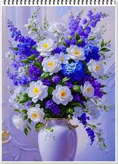 a painting of blue and white flowers in a vase