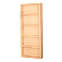 an empty wooden bookcase on a white background