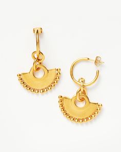 Zenyu Chandelier Hoop Earrings 18ct Gold Plated. The Zenyu Chandelier Hoops Echo Colombia's Rich Artistry and Heritage with a Modern Edge. Bobble-Trimmed Charms are Suspended from Dainty Hoops in a Brushed-Gold Finish. Looks Great Worn Solo or Teamed with Our Gold Chubby Huggies. Metal: 18Ct Gold Plated on Brass Dimensions: 48mm Total Length; Fan Charm 20 X 30 mm Weight: 16. 5 g Pair Selling Earrings, Pearl Earring Set, Gold Huggies, Double Chain Bracelet, Fan Necklace, Malachite Necklace, Leaf Bracelet, Monogrammed Items, On Repeat