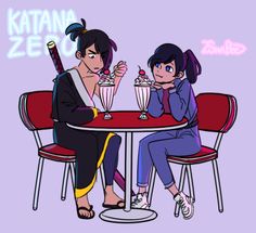 two people sitting at a table with drinks in their hands and the caption reads, kattana zeo