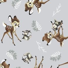 a pattern with deers and plants on a gray background