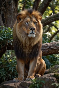 a large lion sitting on top of a rock