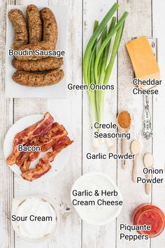 the ingredients to make this sausage recipe are displayed on a white wooden table with green onions, bacon, sour cream, parmesan cheese, and cheddar