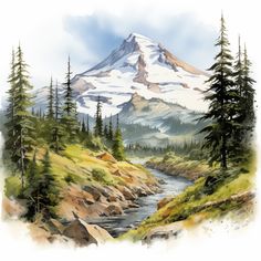 a watercolor painting of a mountain with trees on the side and a stream running through it