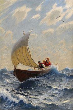 a painting of two people in a sailboat