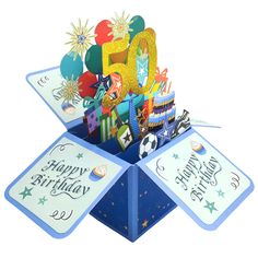 a birthday card in a blue box