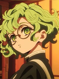 an anime character with green hair and eyeliners looking at the camera while wearing glasses