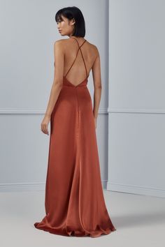 A high cowl neck is contrasted by a low-dipping back and supported by criss-crossed spaghetti straps in this fluid satin stunner, which boasts just a hint of a train to trail down the aisle after you. Shown in Copper. Neckline Styles, Amsale Bridesmaid, Amsale Dress, Orange Bridesmaid Dresses, Cowl Neck Dress, Little White Dresses, Street Style Inspiration, A Train, Satin Dresses