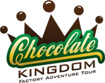 the logo for chocolate kingdom, a factory adventure tour attraction in california city and los angeles