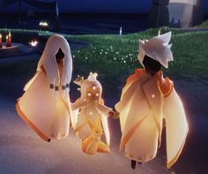 two animated figures holding hands and walking down a street at night with lit candles in the background