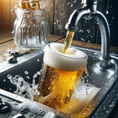 a beer being poured into a glass in a sink