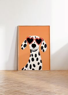 a dalmatian dog wearing heart shaped sunglasses on an orange background with wood flooring