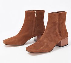 Pulling together any fall look, these stylish ankle boots bring easy elegance to your everyday with a sleek sculptural square toe and flattering yet walkable heel. From Franco Sarto. Style Brown Boots, Casual Brown Mid-calf Faux Leather Boots, Chic Brown Boots With 4-inch Heel, Suede Flat Boots, Ankle-high Brown Booties With Leather Lining, Fall Suede-lined Booties Medium Width, Brown Suede-lined Ankle Heeled Boots, Fall Flats, Franco Sarto