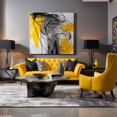 a living room filled with yellow couches and black tables in front of a painting