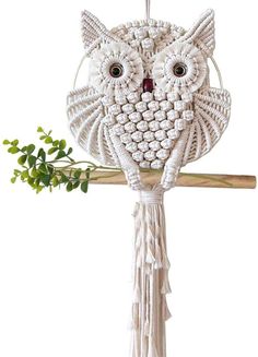 an owl ornament hanging from a tree branch with a plant in the foreground