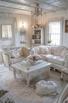 a living room filled with furniture and a chandelier