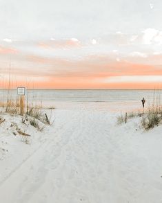 a person standing on top of a sandy beach next to the ocean with a sunset in the background