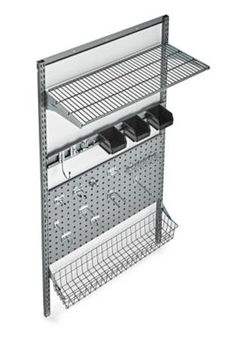 a metal shelf with two bins on it