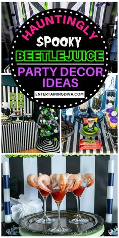 halloween party decor ideas including spooky decorations and desserts for the guests to enjoy