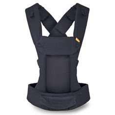 the baby carrier is black and has straps on it