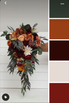 a bouquet of flowers sitting on top of a table next to a color swatch