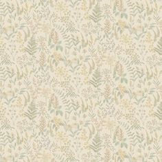 a white and green floral wallpaper with small flowers on the bottom half of it