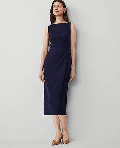 Elevate your wardrobe with the timeless elegance of Ann Taylor's Boatneck Wrap Sheath Dress. This piece combines sophistication with comfort, making it an ideal choice for both office wear and social gatherings. 

- Size: Regular - 2
- Color: Navy
- Material: 73% Polyester, 24% Rayon, 3% Spandex
- Gender: Female
- Design: Sleeveless, boatneck
- Features: Hidden back zipper with hook-and-eye closure, lined
- Length: Hits below the knee, 29" from natural waist
- Care Instructions: Machine washable Navy Suit Dress Women, Timeless Cocktail Dresses, Womens Business Dress, Business Formal Women Dress, Dresses For Work Offices, Work Dinner Dress, Cocktail Attire Women, Professional Dress Women, Stylish Work Attire Business Casual