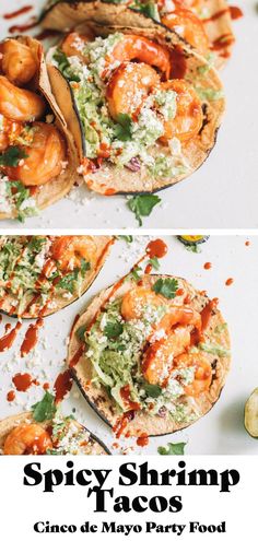 shrimp tacos with cilantro sauce and parsley on top, served in tortilla shells