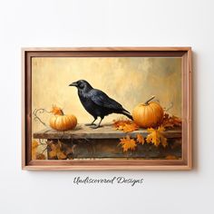 a painting of a crow sitting on a ledge with pumpkins