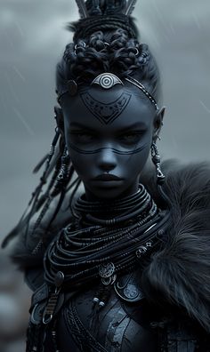 a woman with dreadlocks and an elaborate headdress is standing in the rain