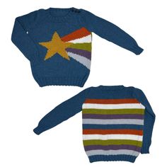 two children's sweaters, one with a star and the other with stripes