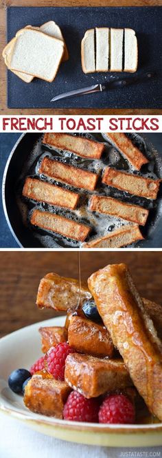 french toast sticks and berries on a plate with the words french toast sticks above them