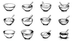 hand drawn bowls and spoons with various ingredients in them, set on white background