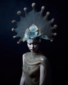 a woman with an elaborate headdress and flowers on her head is standing in front of a dark background