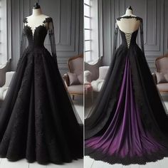 Gothic Black and Purple Wedding Dresses Long Sleeves Corset A Line Bridal Gowns | eBay Black Wedding Dress Corset Victorian Goth, Simple Gothic Wedding Dress, Black Wedding Dress Mermaid Long Sleeve, Burgundy Purple Black Wedding, Non Traditional Wedding Dress With Sleeves, Witch Wedding Dress Pagan, Wiccan Wedding Dresses, Corset Wedding Dress Black, Dark Formal Dress