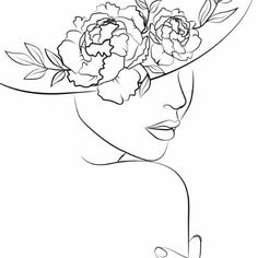 a woman in a hat with flowers on her head, black and white drawing by hand