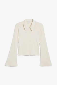 Ribbed shirt with bell sleeves - Ecru - Monki Bell Sleeve Shirt, Long Bell Sleeves, Ribbed Shirt, Leather Platform Sandals, Bell Sleeve Blouse, Oversized Tshirt, Wide Leg Trousers, Bell Sleeve, Sustainable Fashion