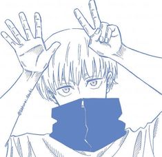 a drawing of a person wearing a blue bandana covering their face with his hands