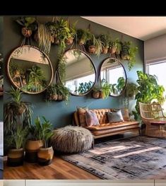 there are many plants hanging on the wall in this living room, and one is filled with potted plants