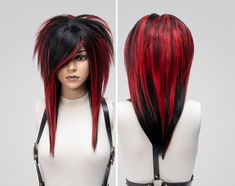 Scene Styled Medium Length Wig with Bangs in Black & Red for EMO Cosplay Anime Lovers. Transform into your favorite EMO character with our Scene Styled Wig in Black & Red! Perfect for cosplay and anime lovers, this straight, glueless wig features side bangs for an authentic look. Ideal for daily wear, alternative cyber goth styles and drag costumes, it's also a comfortable option for those dealing with alopecia, hair loss, or undergoing chemotherapy. Products Informations * Unisex - Size of the Scene Ponytail, Scene Girl Hair, Scene Wig, Scene Haircuts, Punk Rock Hair, Emo Haircuts, Black Red Hair, Emo Scene Hair, Anime Cosplay