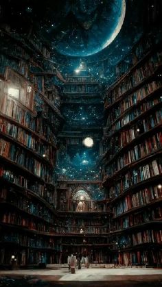 a large library filled with lots of books under a blue sky covered in stars and planets