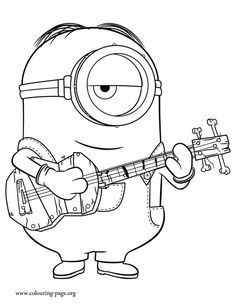 a cartoon minion playing the guitar and holding an electric guitar in his right hand