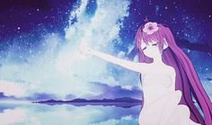 a woman with long purple hair pointing at the stars in the sky above her head