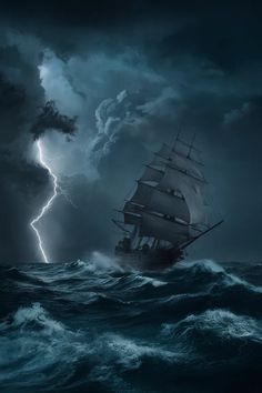 a ship in the middle of a storm with lightning coming from it's back